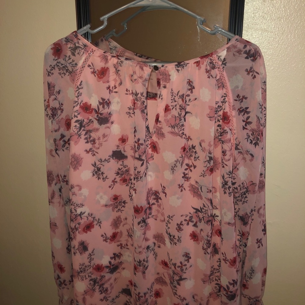 Pink Floral Print Shirt (Sheer Long Sleeves)